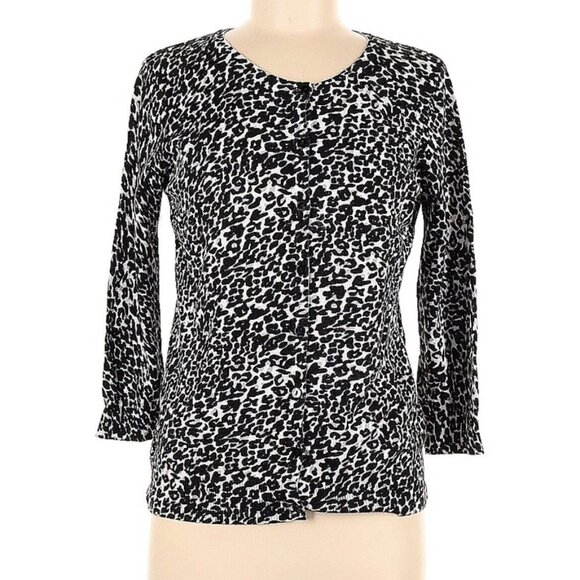 Joseph A Womens Cardigan Sweater Button Front Black White Animal Print Sz Medium - Picture 1 of 8
